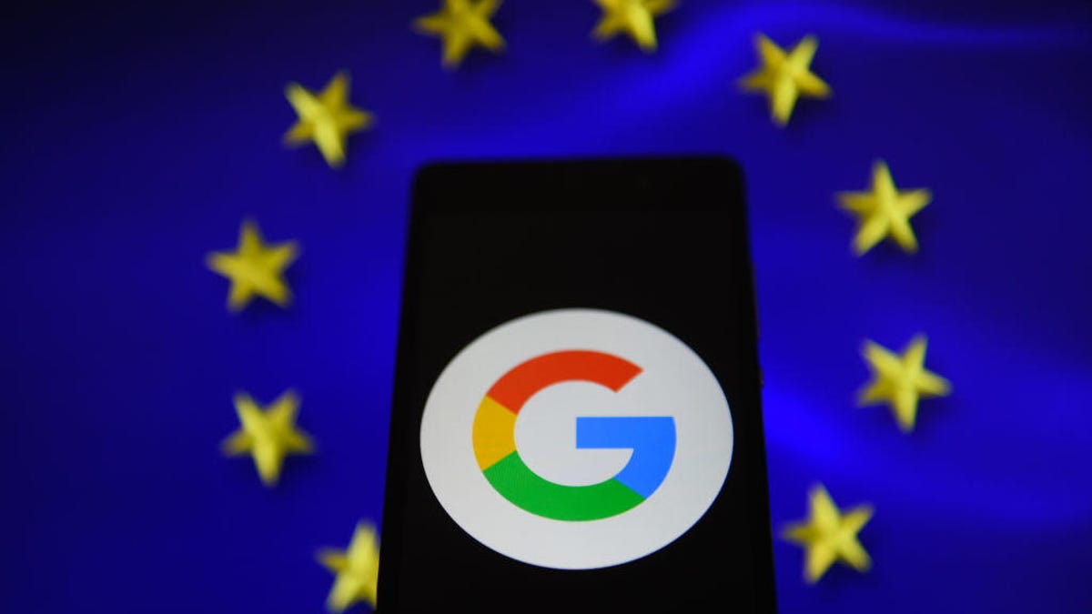 Google logo is seen in an Android mobile with European Union