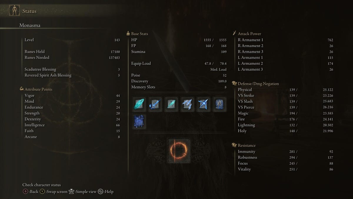 An Elden Ring menu screen showing lots of stats not enhanced by Shadowtree Blessings. Key ones: level 143, my main weapon does 762 damage, physical defense is 23 to 26, magical defenses are 20 to 24.