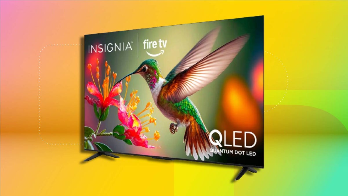An Insignia QF QLED TV on a CNET background.