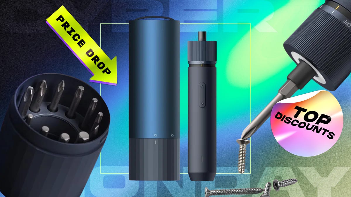 A black electric screwdriver with cylindrical case, 12 bits and a bit holder, all set against a pale purple background.