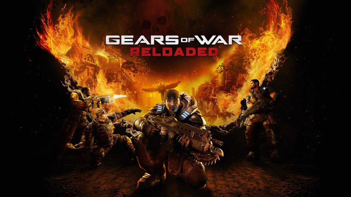The title card for Gears of War: Reloaded showing four people behind a red, glowing wall. Behind the wall are flaming structures.