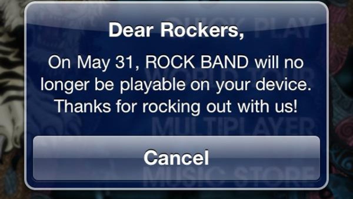 The message Rock Band users received in "error" earlier today.