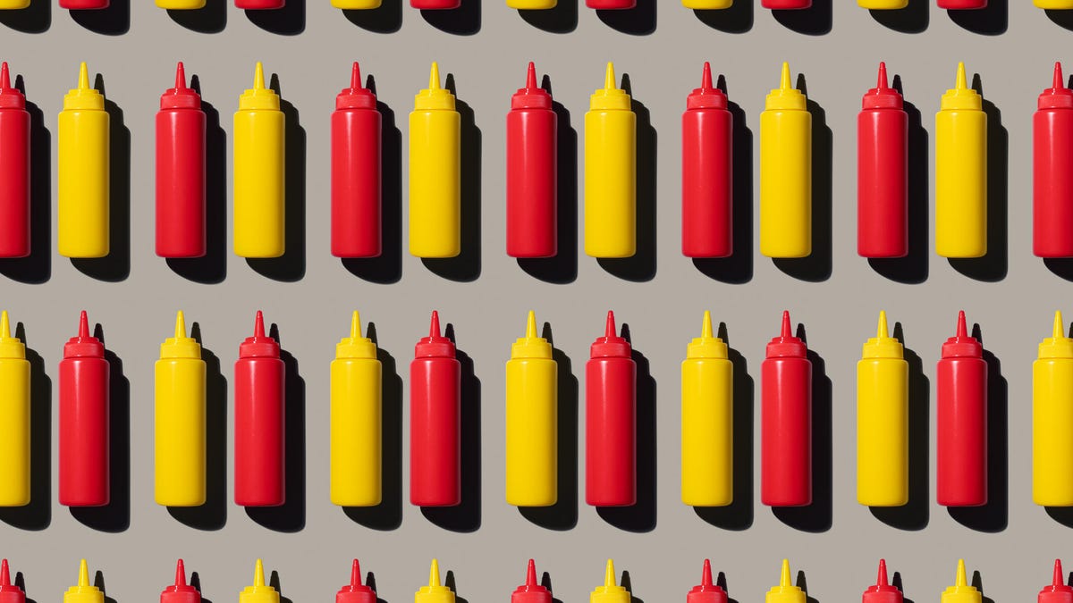 mustard and ketchup bottles.