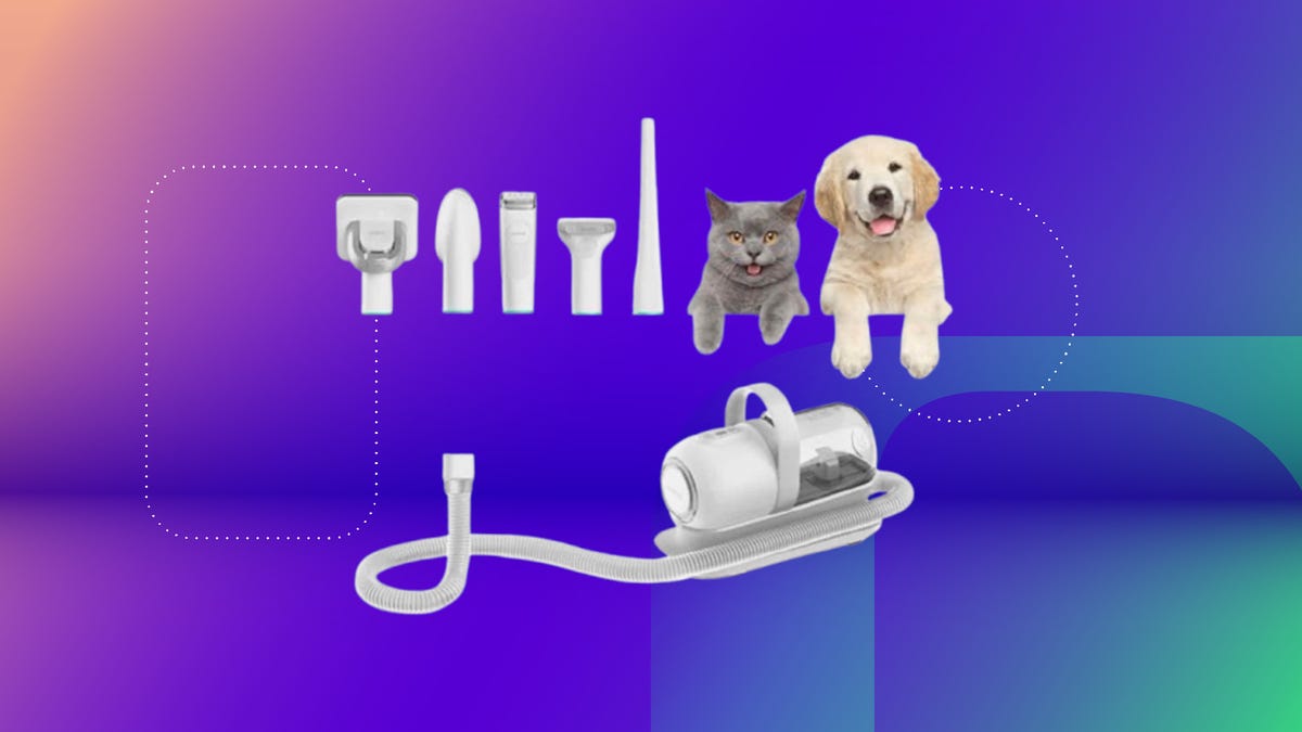 shows the Neabot P1 Pro Pet Grooming Kit & Vacuum on a blue background.
