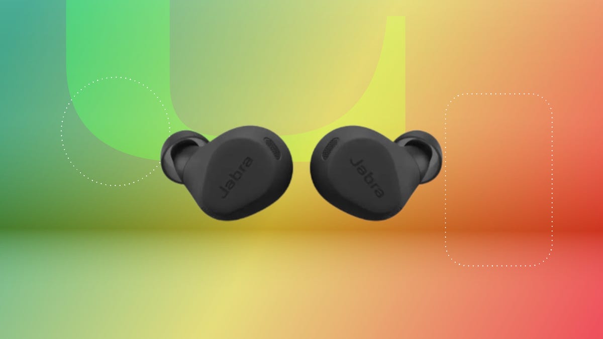 Shows the Jabra Elite 8 Active earbuds on a multicolored background.