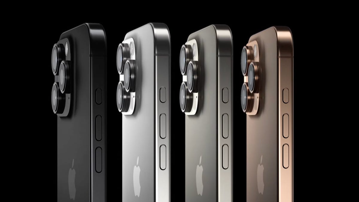 four iPhone 16 Pro models in four different colors lined up