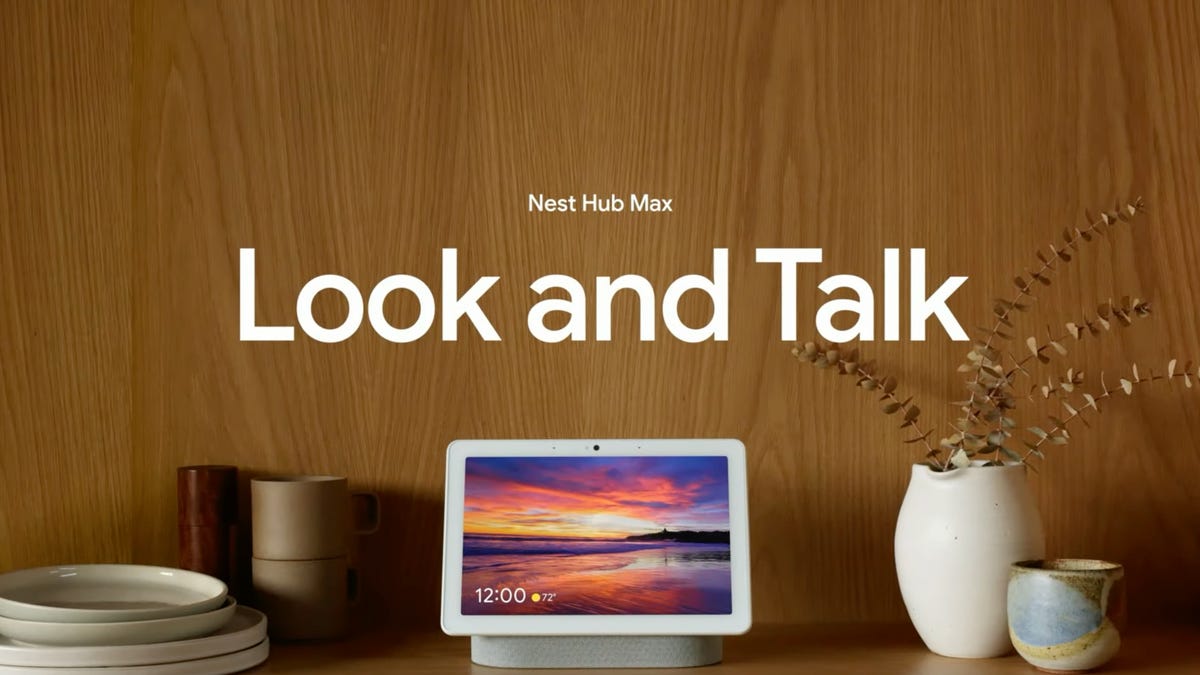 Screenshot of Google presentation showing Look and Talk over a Nest Hub Max