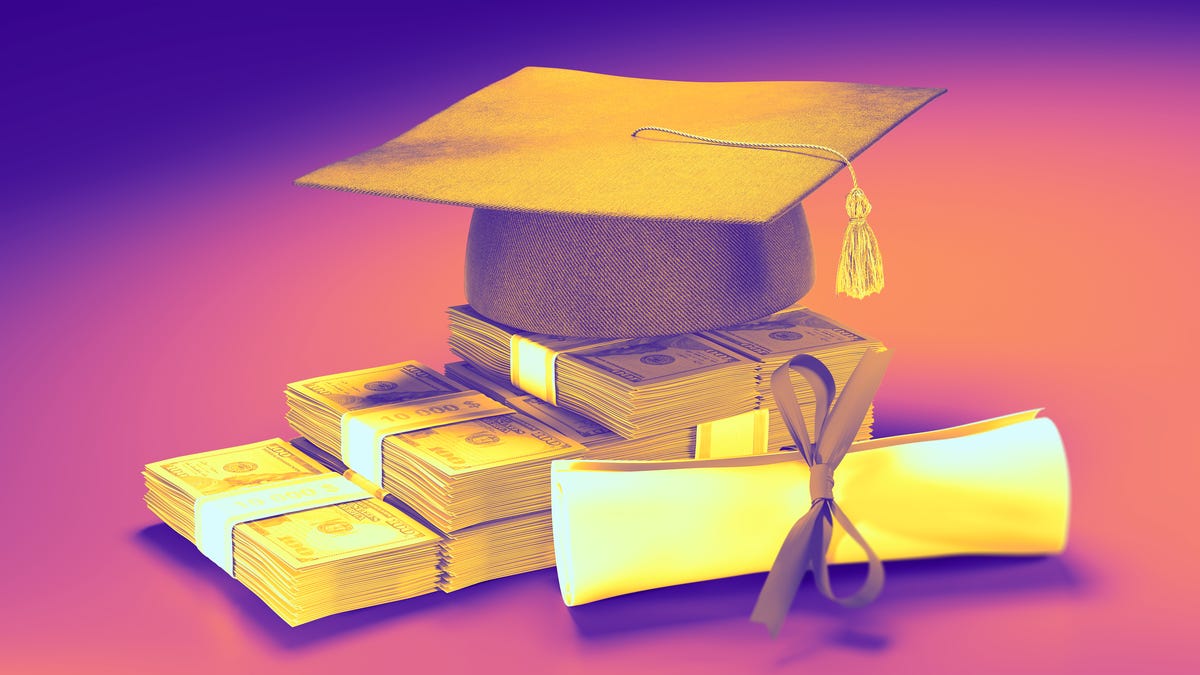 stacks of money, a graduation hat and diploma