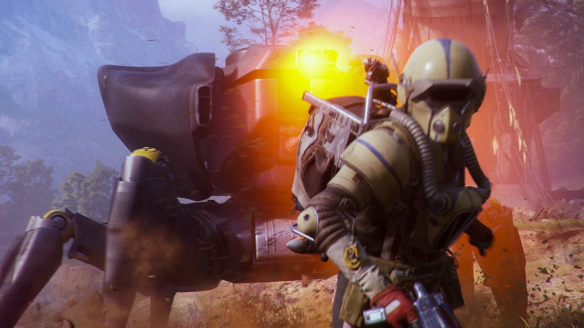 An ARC raider in heavy tactical gear is chased by a large four-legged ARC robot.