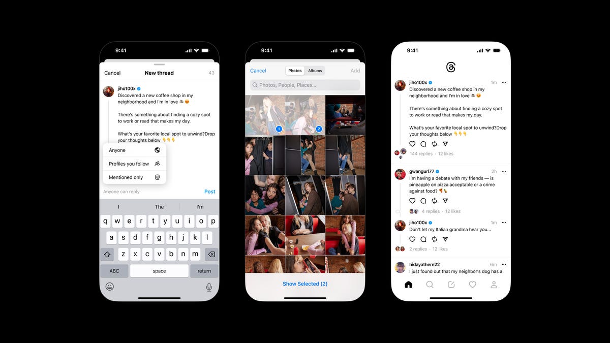 Threads app showing how to post messages and photos