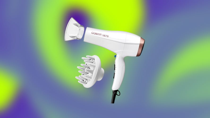 The white Conair Ion Shine 1875 hair dryer over a purple, lime green and light blue abstract background.