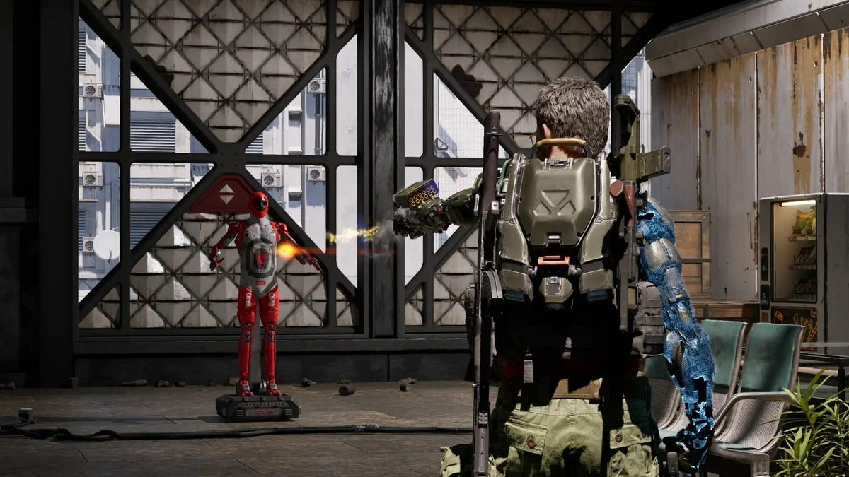 A man with cyberlimbs fires a gun at a target