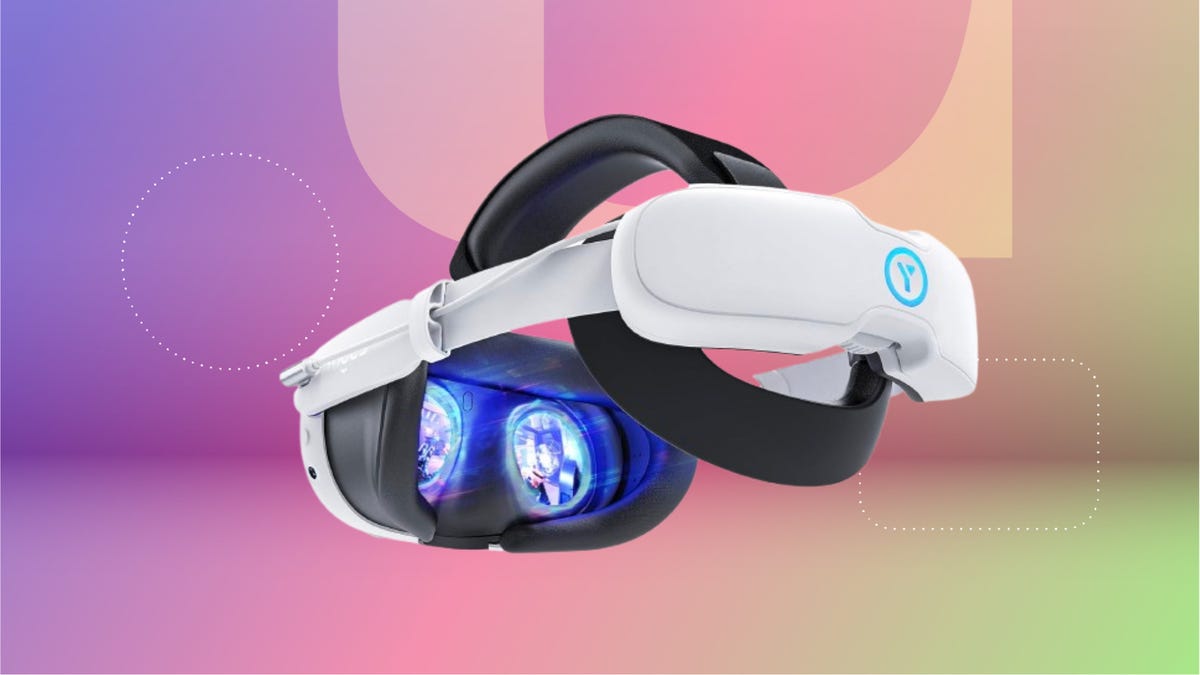 Headstrap in black and white against purple, pink and green gradient.