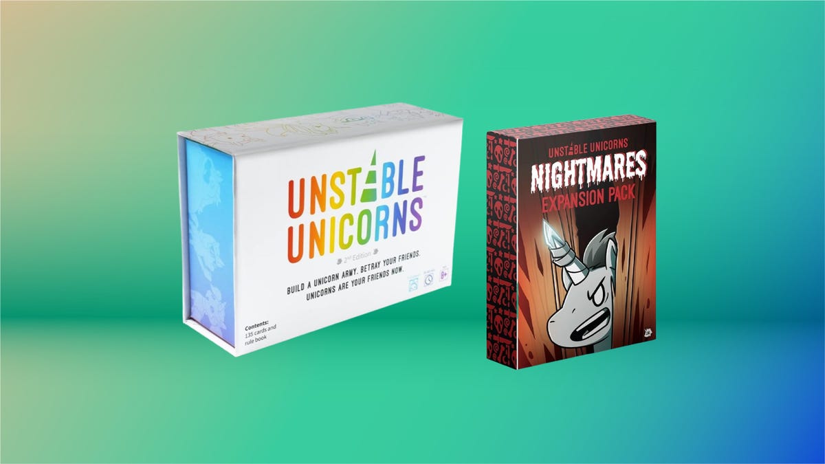 Boxed games of Unstable Unicorns and Nightmares expansion pack, displayed against a gradient blue-green background