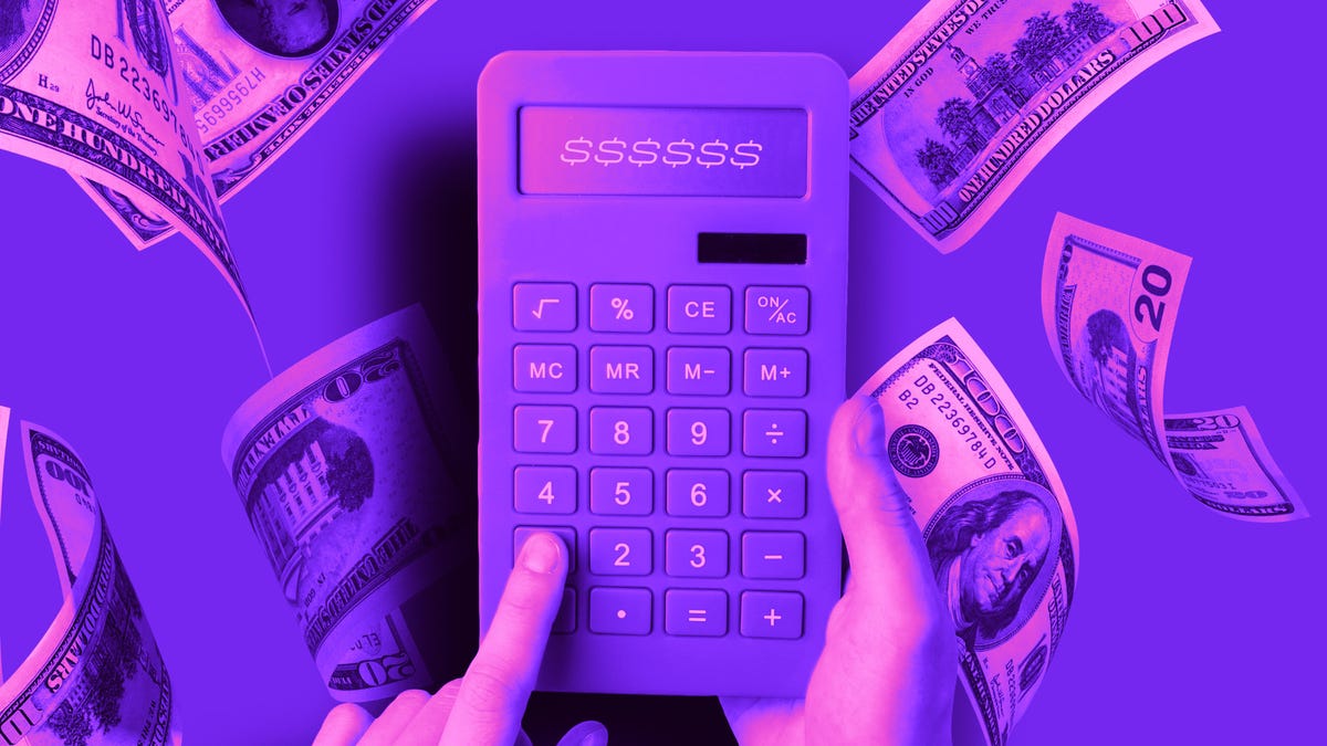 purple calculator with money falling on a purple gradient background.