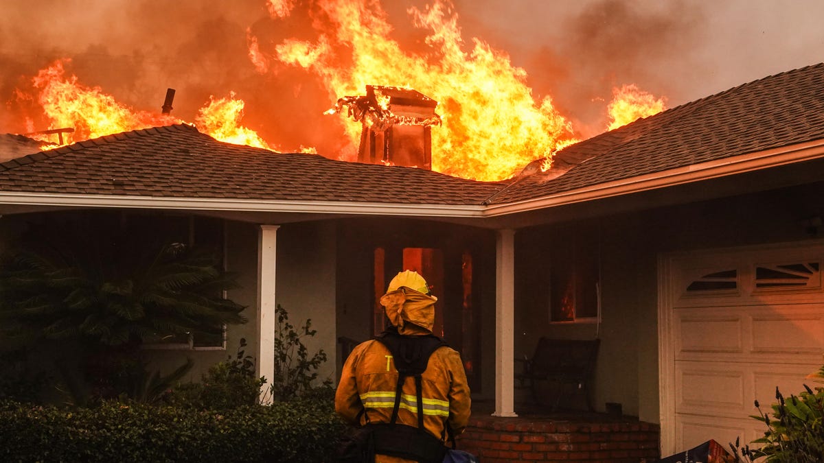 Firefighter looks at a burning house