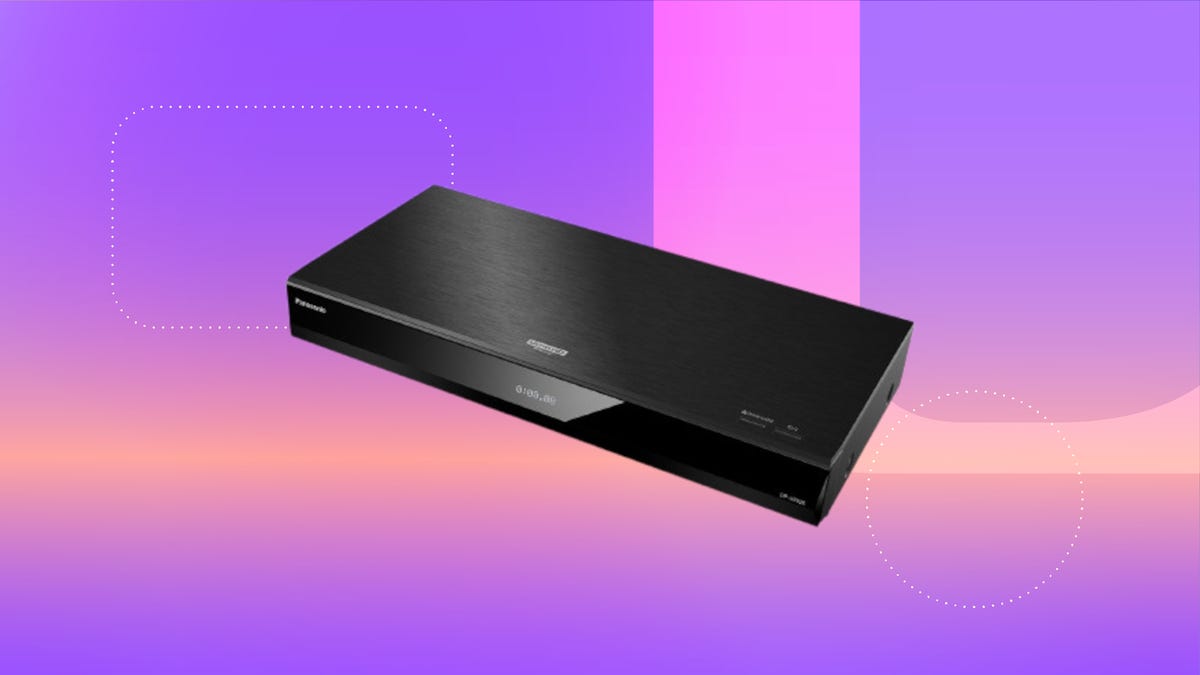 Shows the Panasonic 4K Ultra Blu-Ray player on a lilac background.