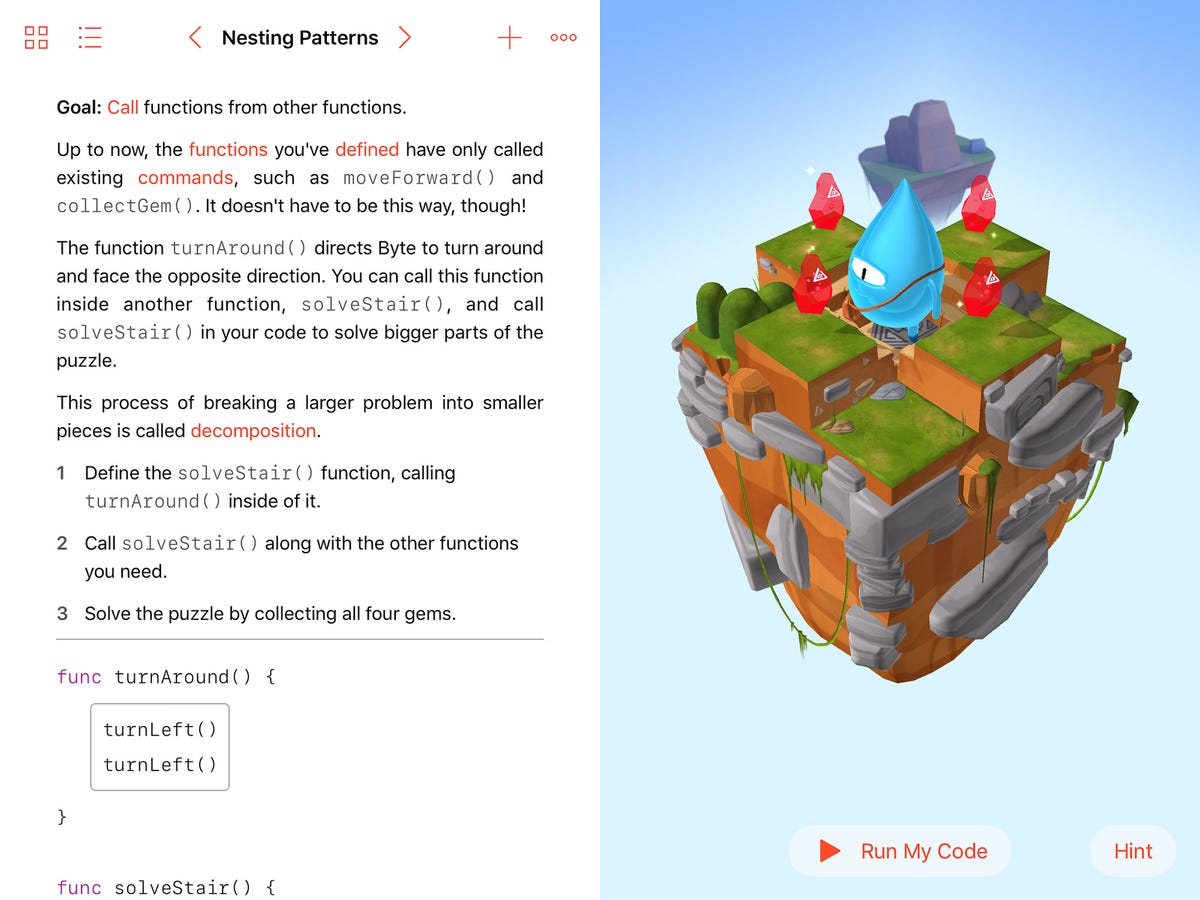 ​Apple's Swift Playgrounds app introduces computer science concepts like decomposition, or breaking one large task into several smaller, more manageable ones.