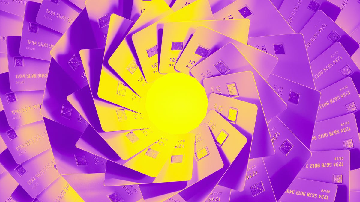 A spiral of purple credit cards.