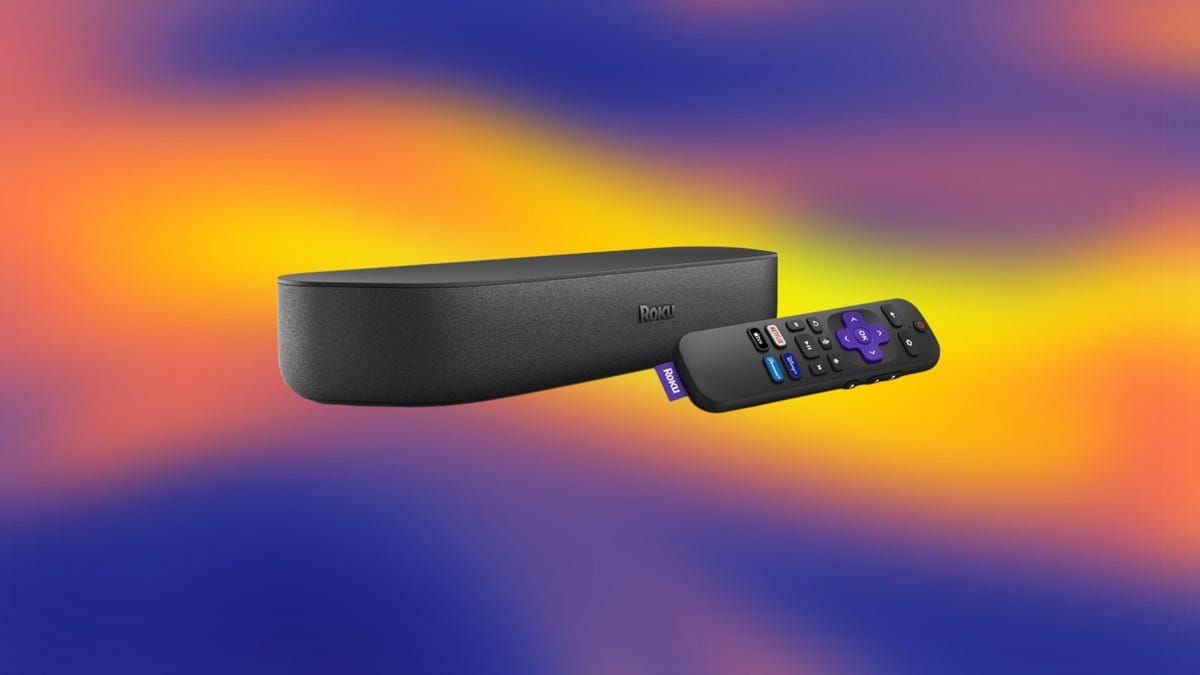 the Roku Streambar and remote control on top of a background of swirling yellow, purple and orange colors