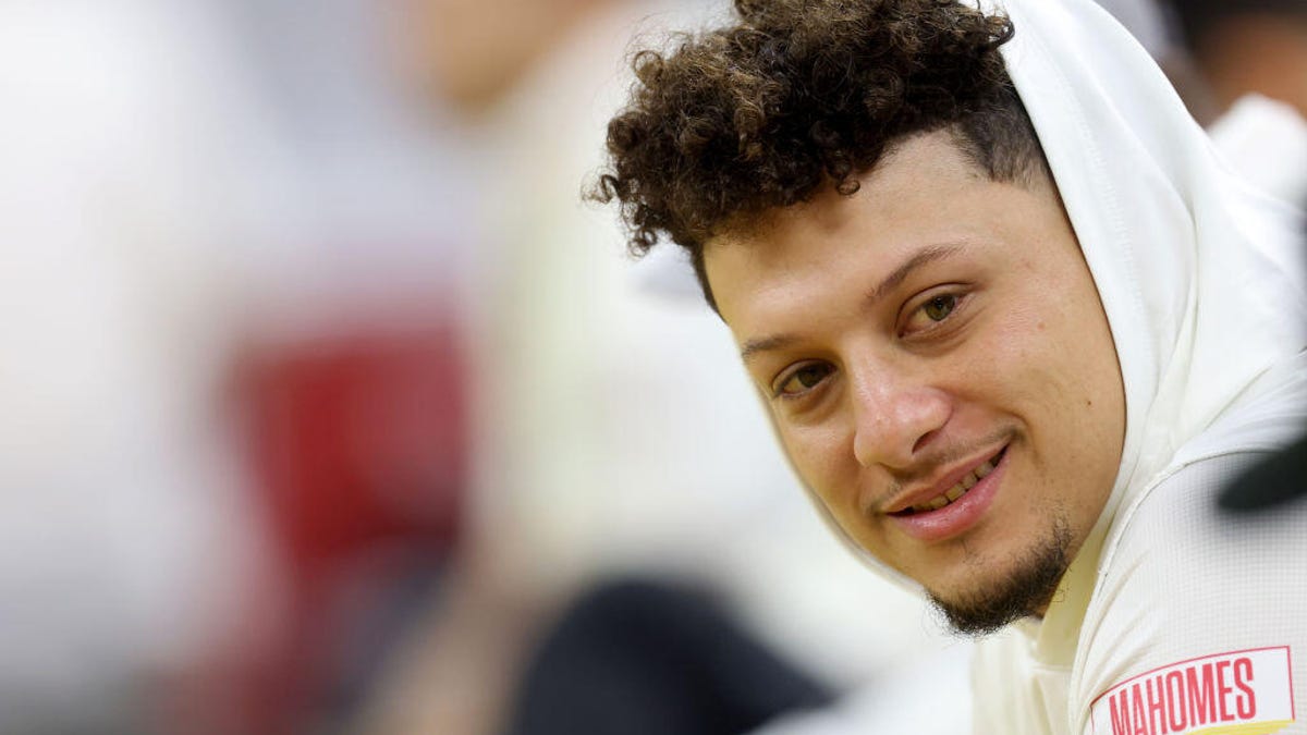 Kansas City Chiefs quarterback Patrick Mahones is shown before the 2025 Super Bowl.