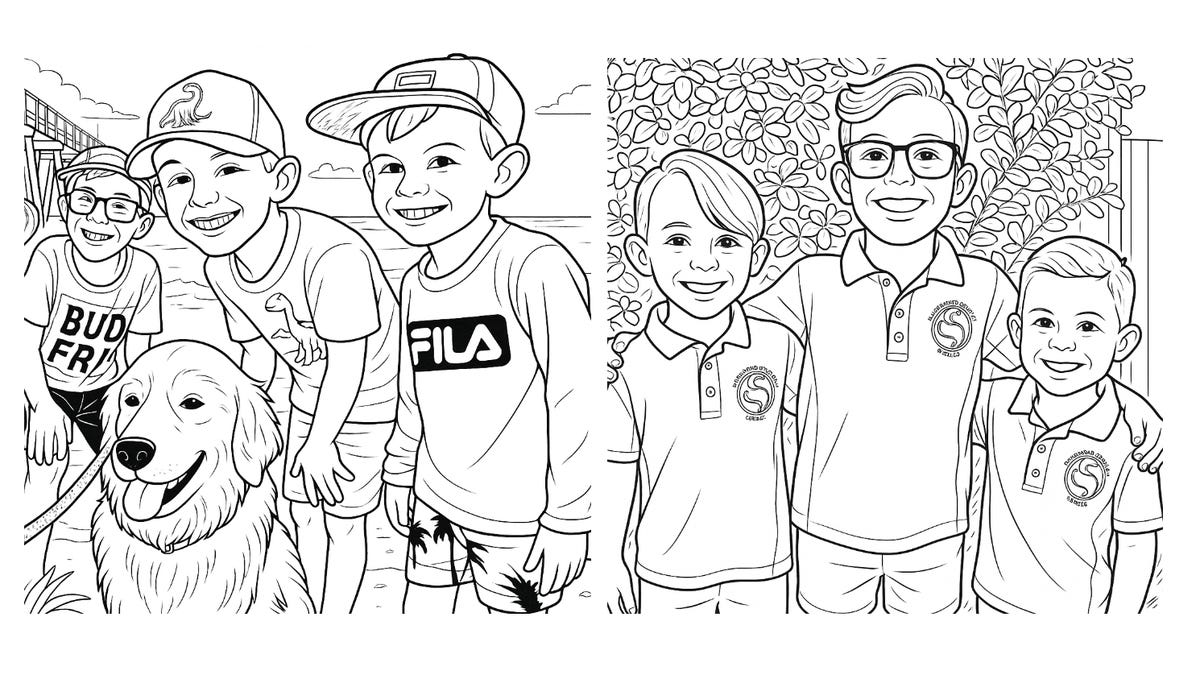 A screenshot of ChatGPT-generated coloring pages of my nephews