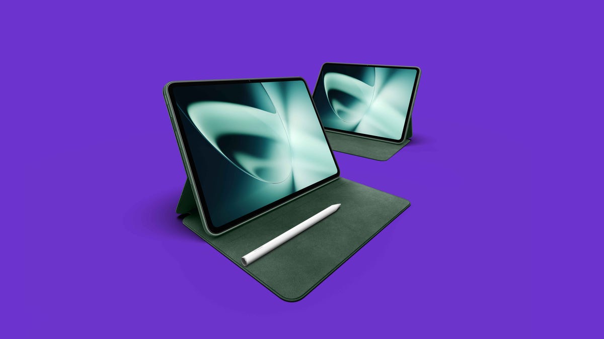 OnePlus Pad standing with its cover and stylus on a purple background.