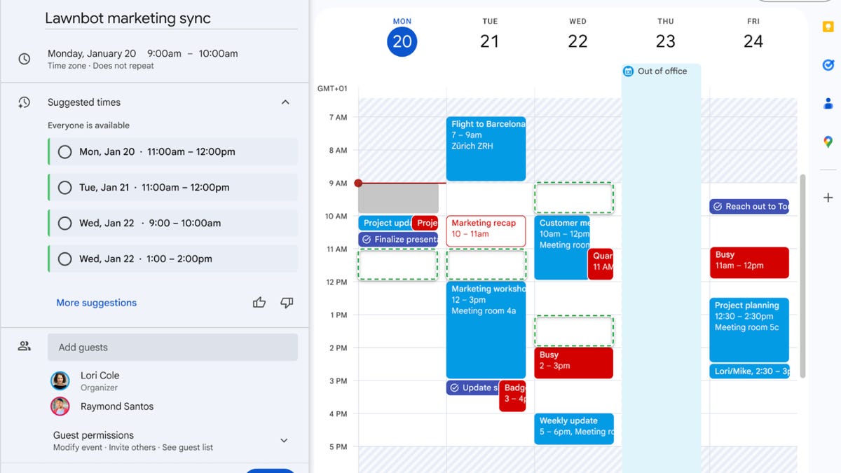 screenshot of the new suggested meeting times feature in Google Calendar