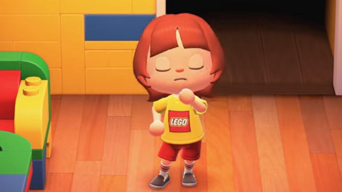 a screenshot of an animal crossing village wearing a lego tshirt