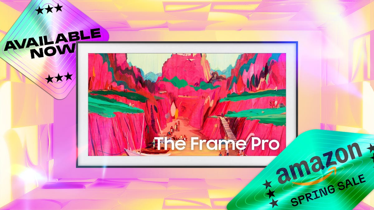 Samsung Frame TV with a purple and yellow background