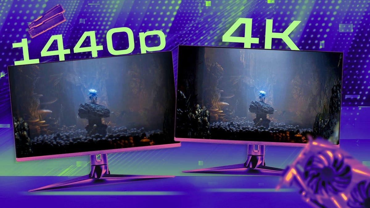 Two gaming monitors side by side. The left monitor is labeled 1440p and the right monitor is labeled 4K.