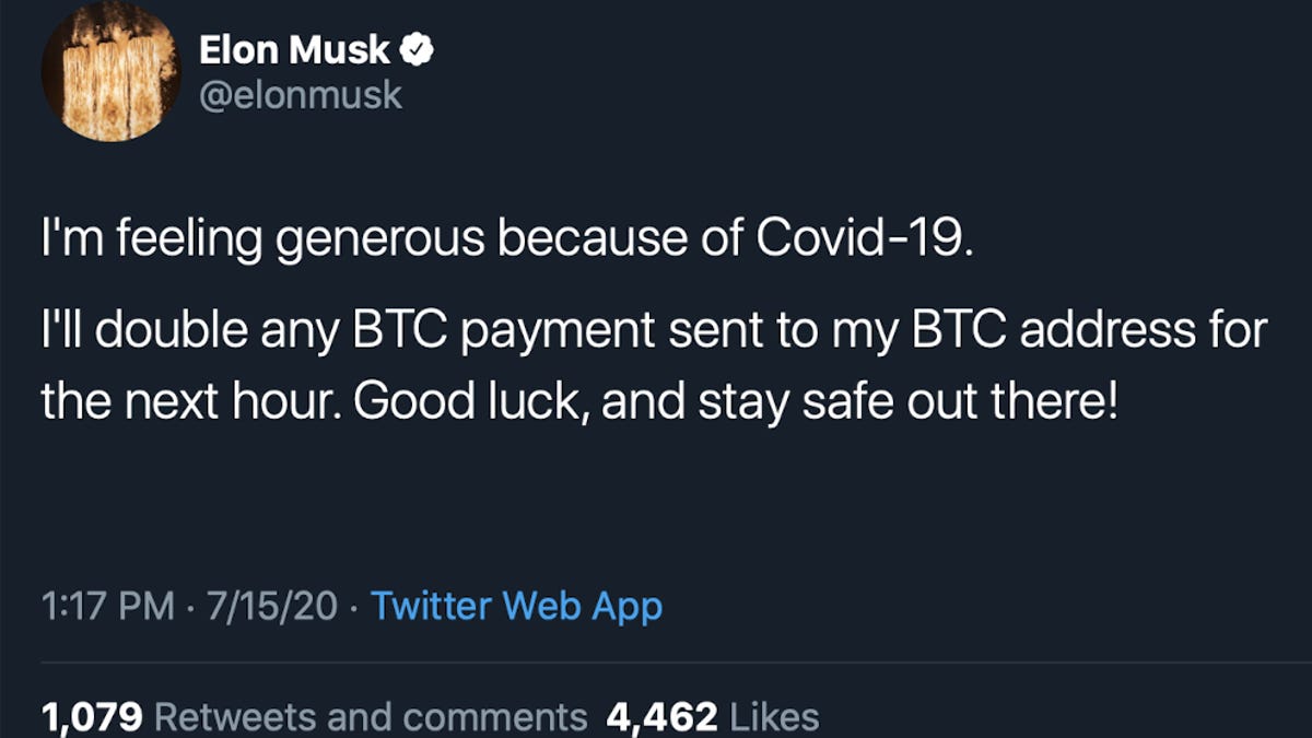Screenshot of Elon Musk's Twitter feed with Bitcoin scam message