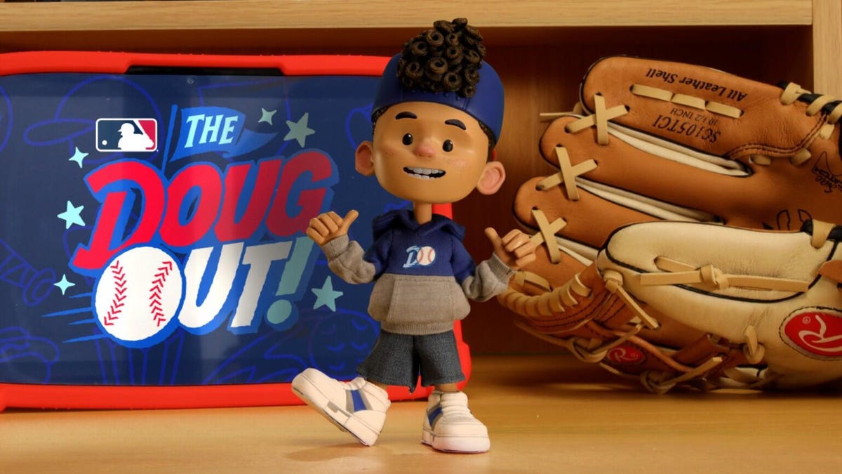Animated image of a boy in a baseball shirt and hat in front of a baseball mitt and sign that reads, "The Doug Out!"