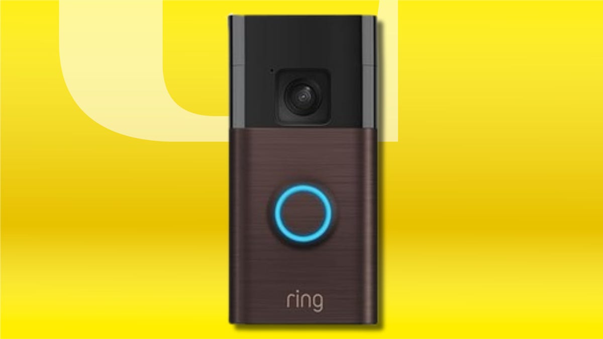 Shows the Ring Battery Doorbell on a pink background.