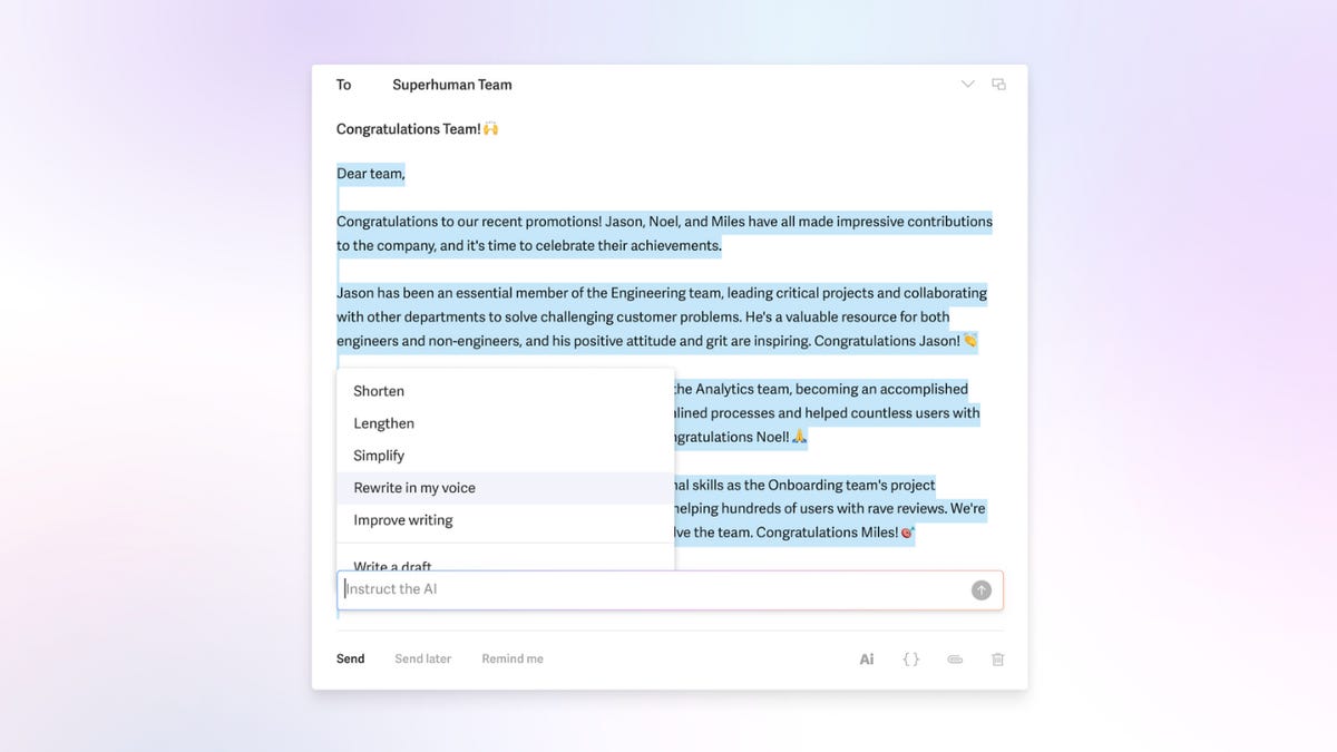 A screenshot of some of the AI features for email from Superhuman.