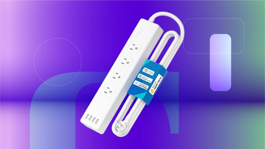 A white Meross power strip against a blue CNET background.