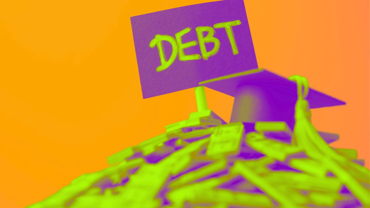 A mountain of dollars with a debt sign and graduation cap on top