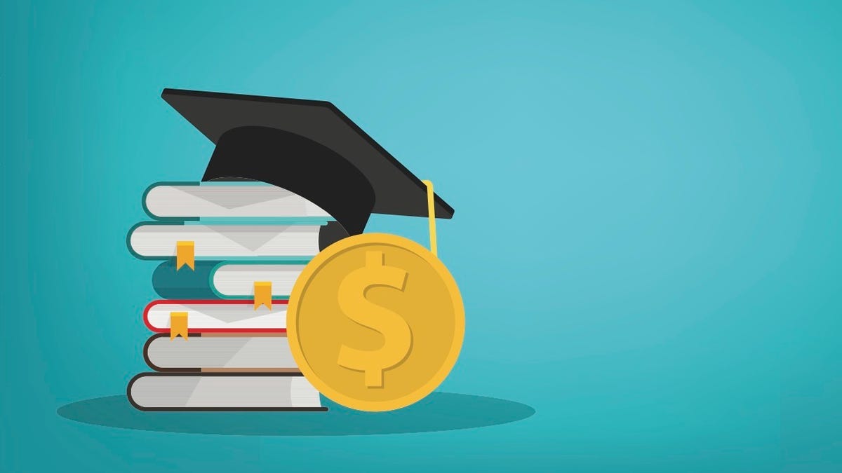 An illustration of a pile of books with a graduation cap on top with a gold coin attached