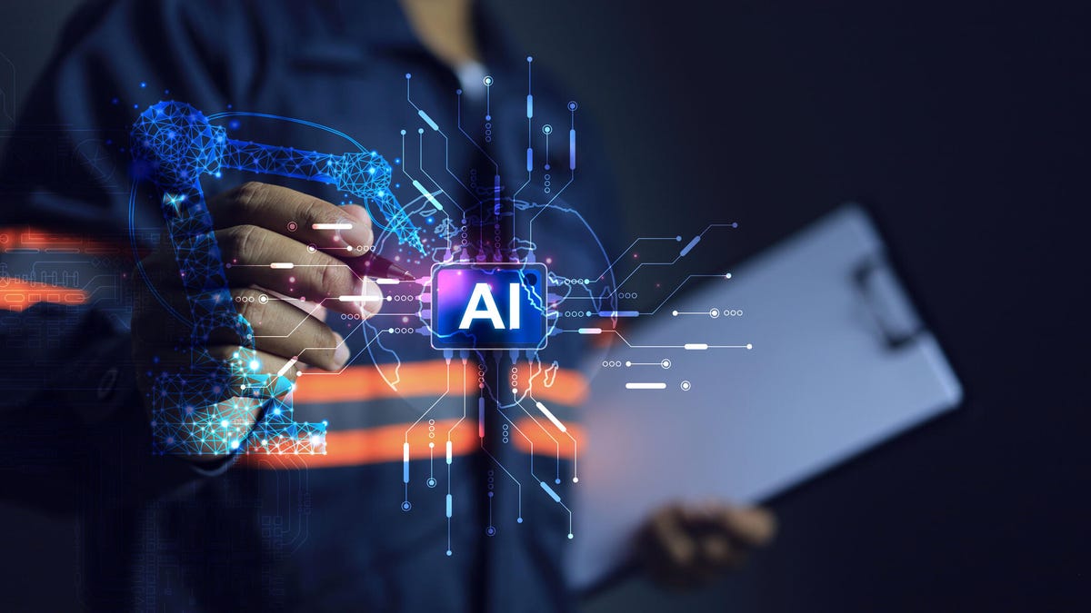 A man reaches for a hologram that has AI at the center