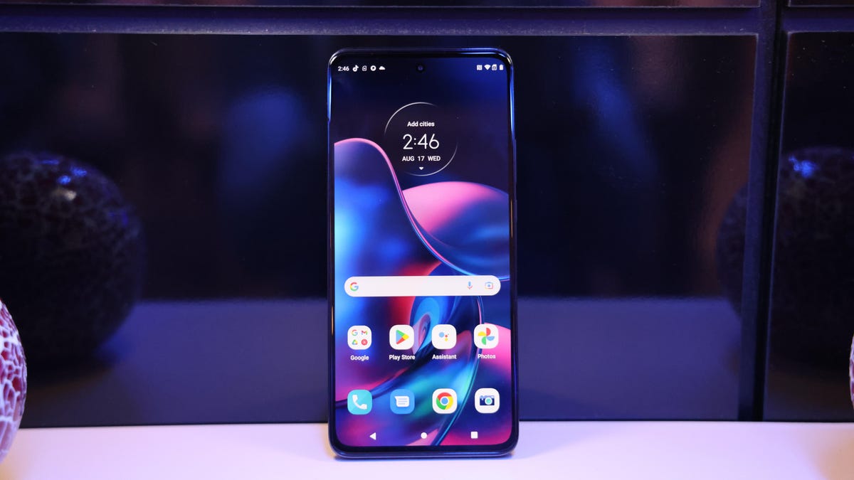 Motorola's 2022 Edge leaning against a wall.