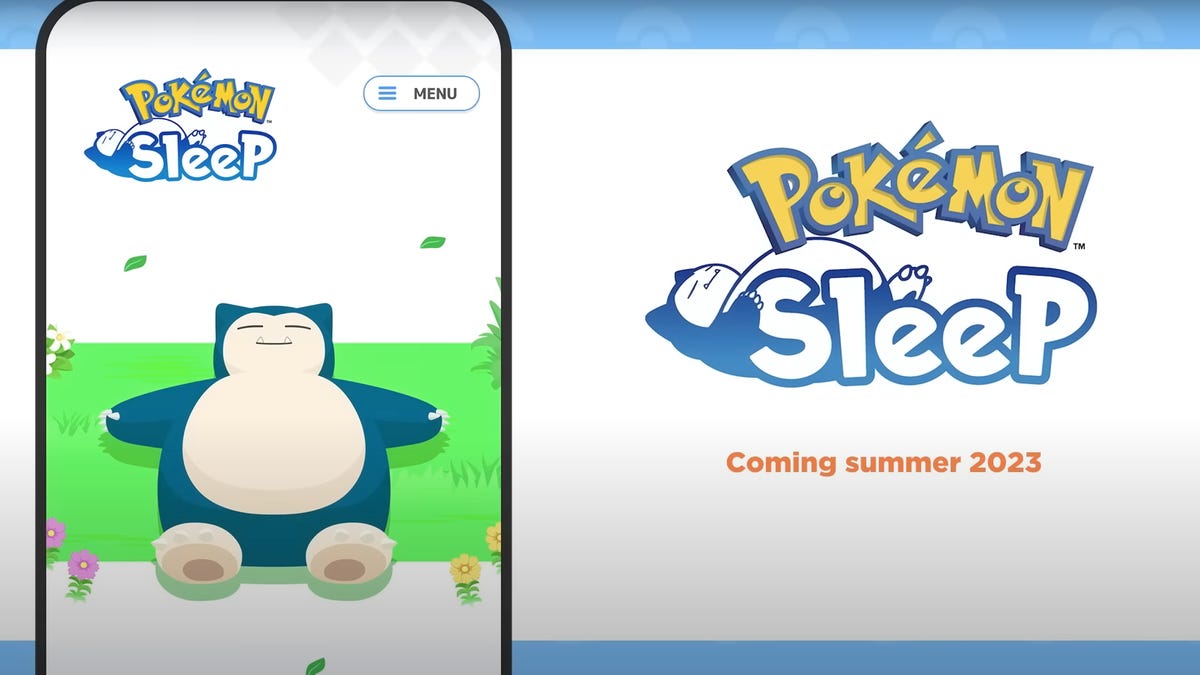 Pokemon Sleep's Snorlax on a phone next to the logo and release date