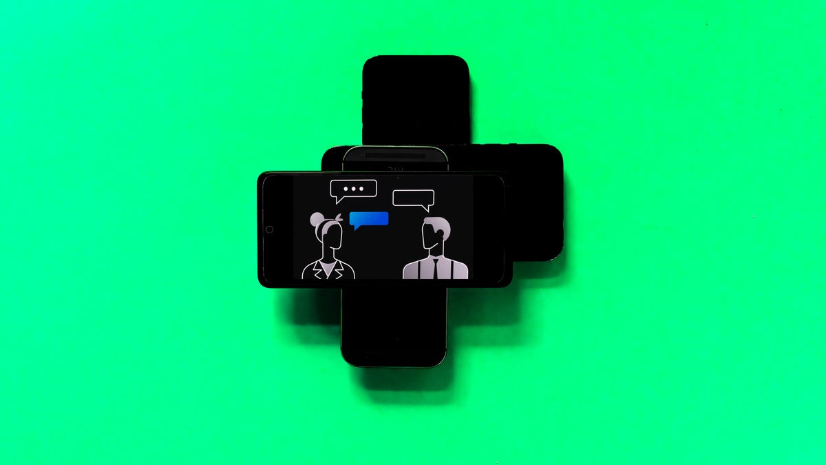 A stack of phones with an illustration of people talking with speech bubbles above their heads.