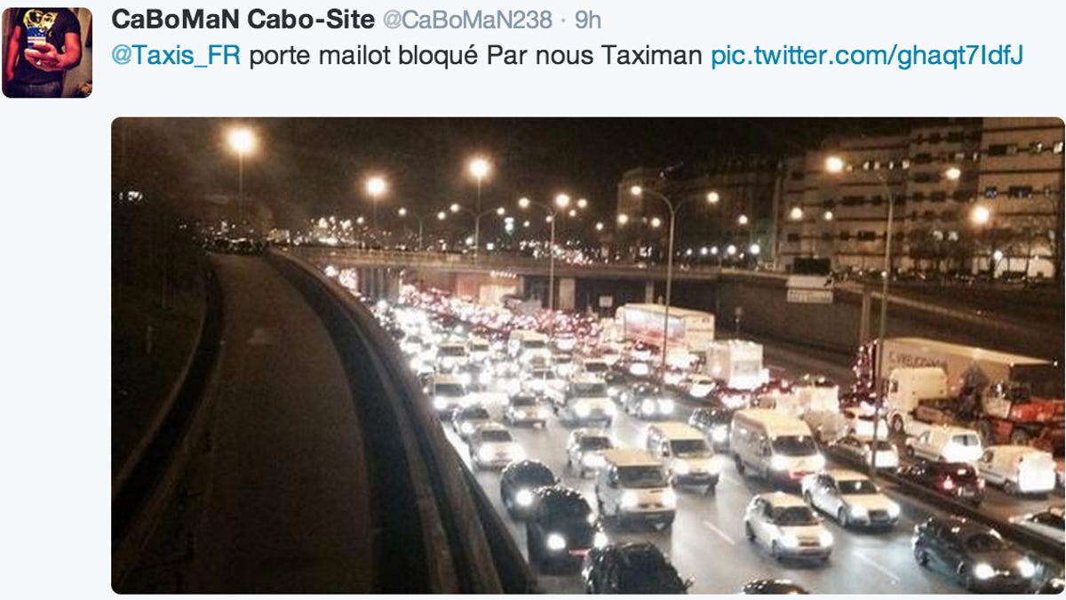 Taxis protesting Internet-era car services like Uber and SnapCar blocked this onramp to the Boulevard Peripherique, a heavily used road circling Paris.