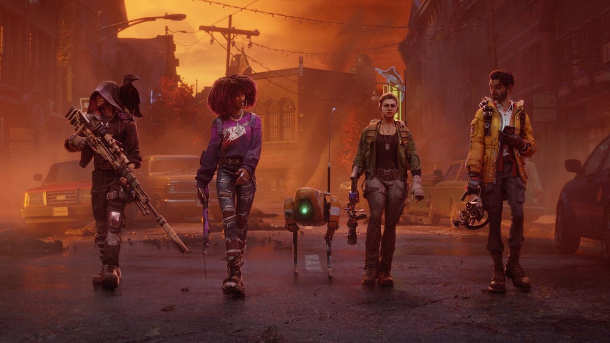 All four playable characters from Redfall walking toward the camera.