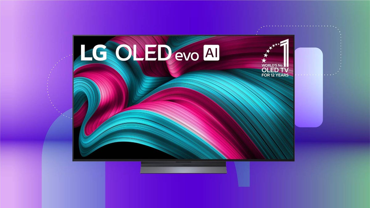 An LG TV against a purple gradient CNET background.