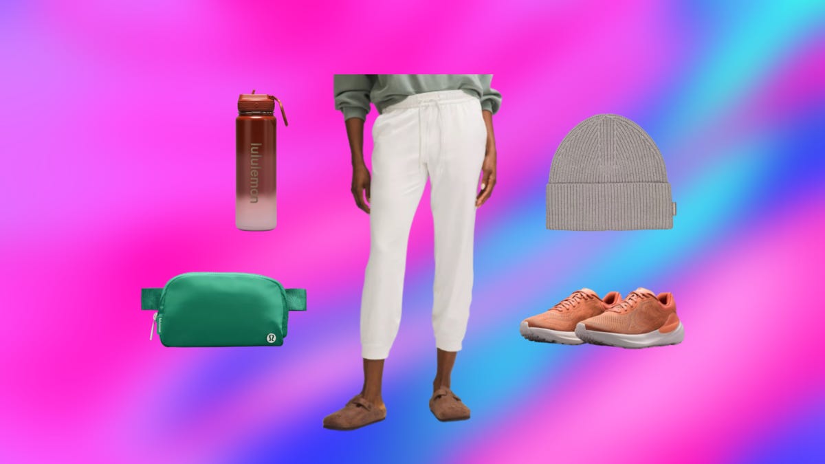 Pants, gloves, hat, shoes, bag and water bottle from Lululemon displayed against a sky blue and pink background.