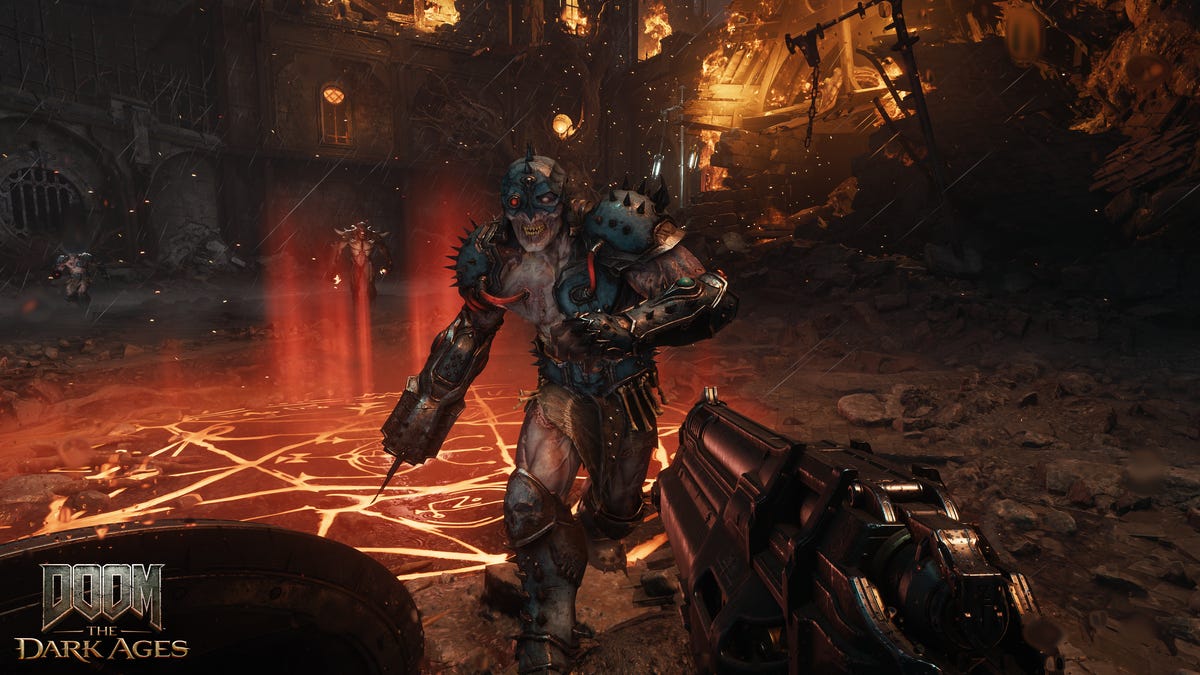 An in-game screenshot of a shooter with a demon enemy in front and glowing hell sigil on the ground behind.