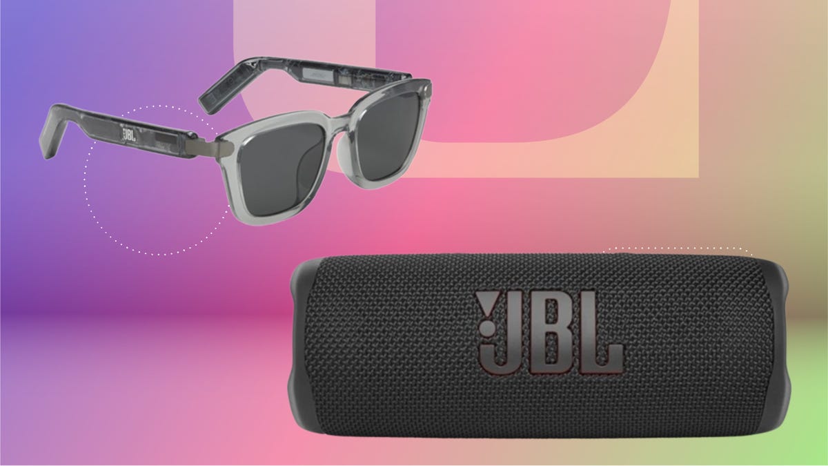 From top left: JBL Soundgear glasses with silver frame, bottom right: black JBL Bluetooth speaker. Background: purple, pink and green background.