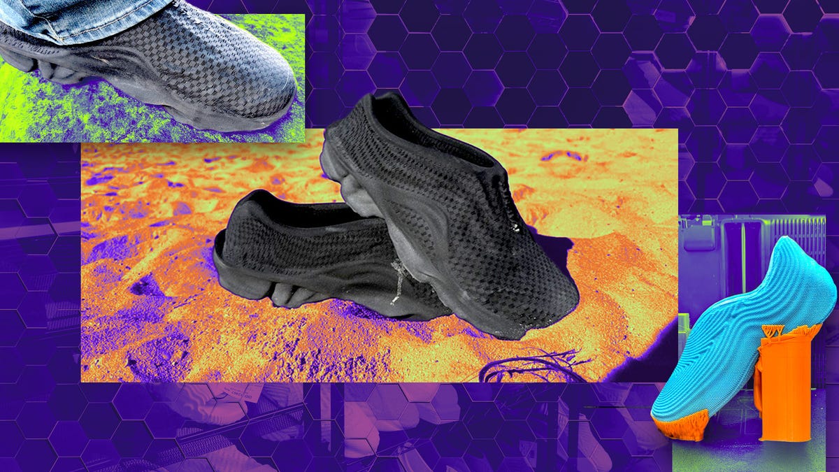 Black and blue 3D printed shoes on a purple and yellow background