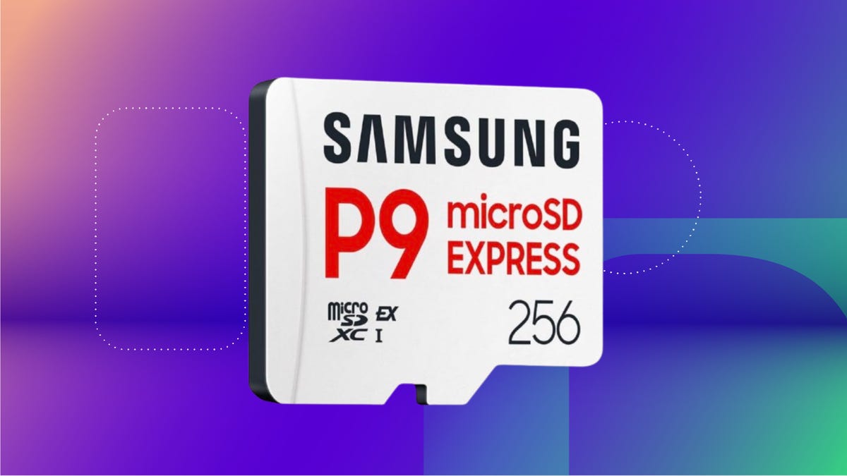 White Samsung microSD card against pink, purple and green CNET background.